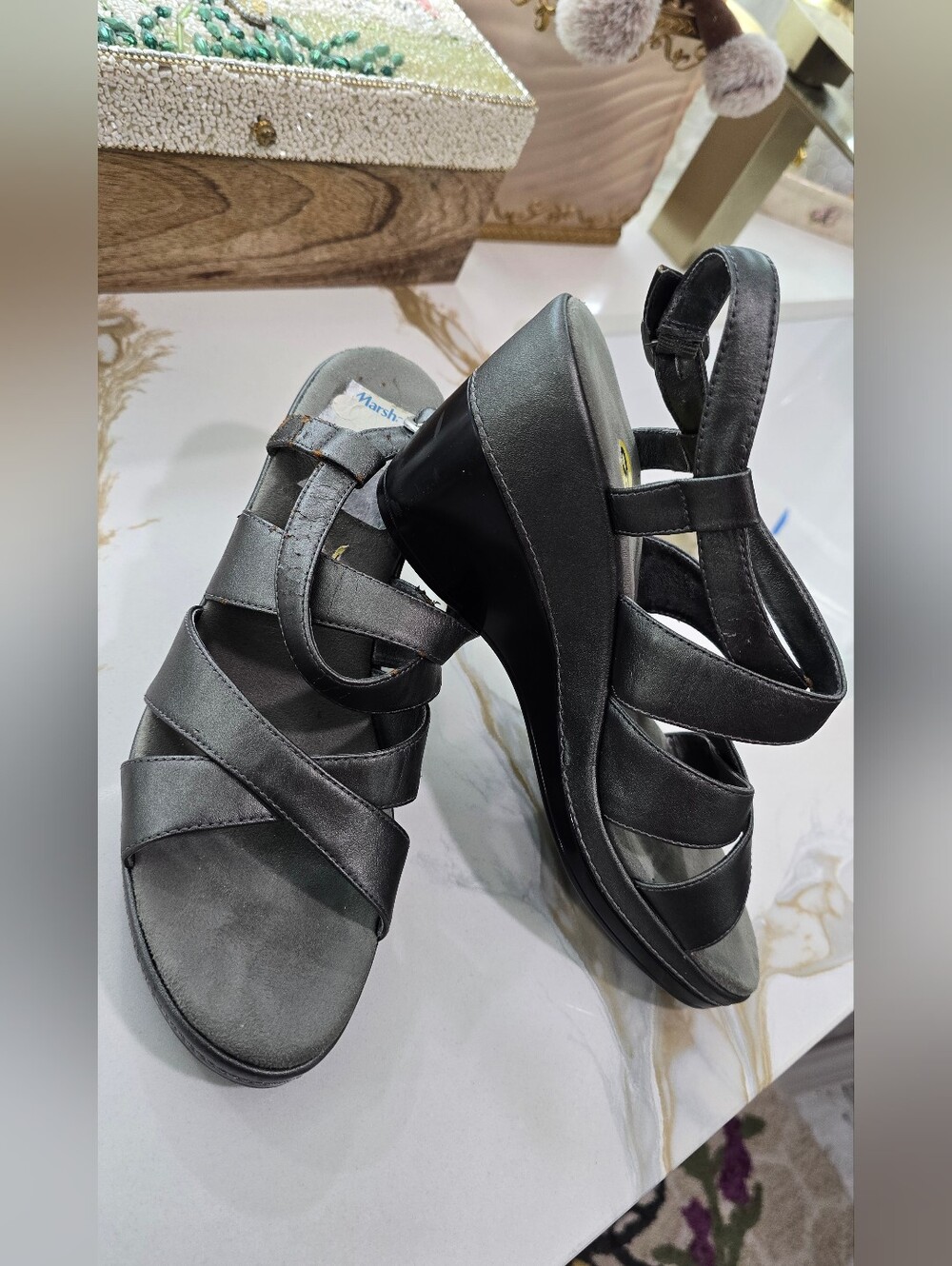Women's Black Wedge Sandals with Strappy Design